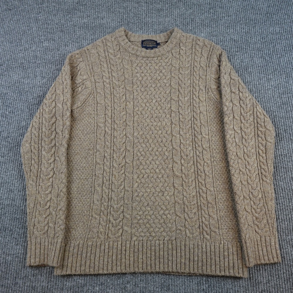 Pendleton Sweater Mens Large Beige Shetland Wool Cable Knit Crewneck Heavyweight